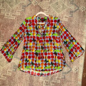 APNY polka dot butterfly 3/4 bell sleeve v neck vibrant flowy top XS